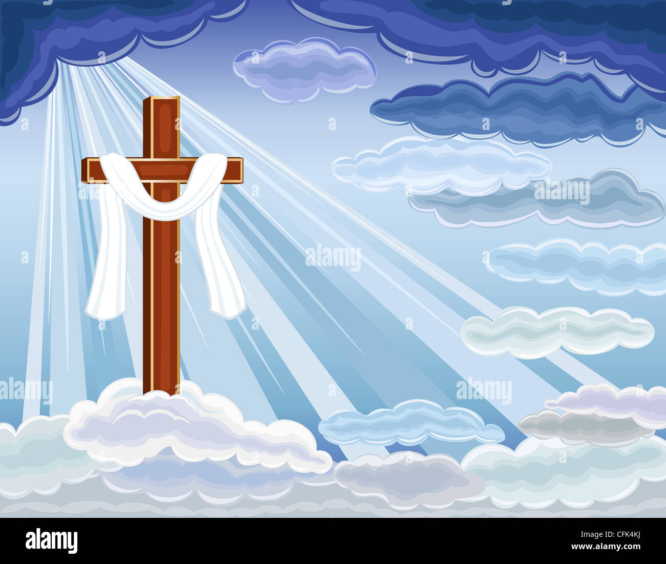Carte religieuse de Pâques avec la résurrection de l'espoir et golden cross. Plus de ciel bleu. Banque D'Images