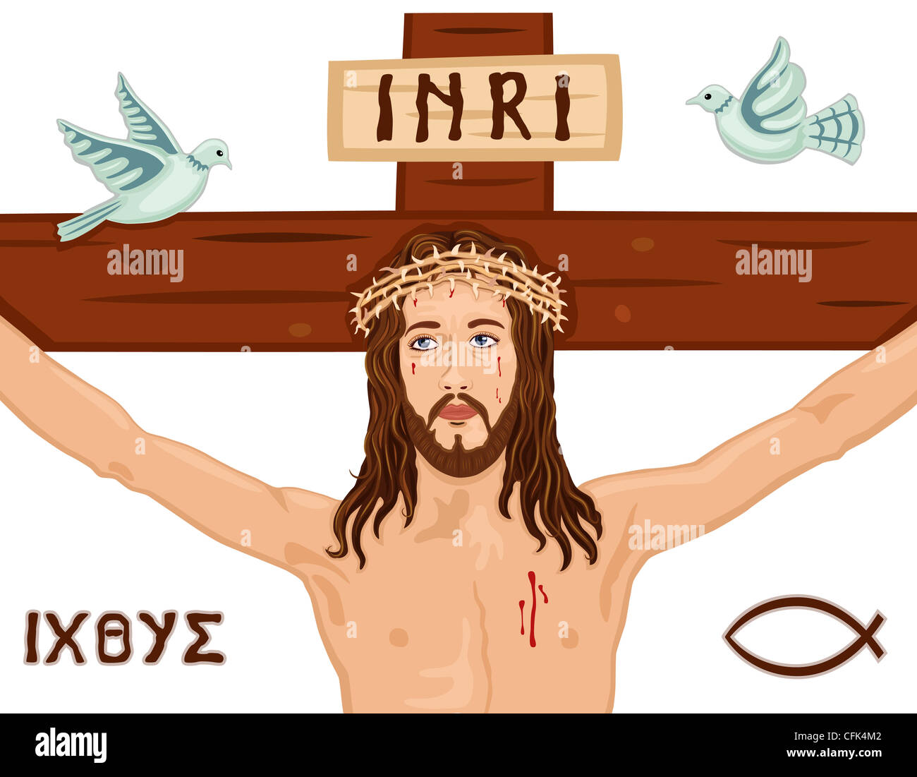 Carte de Pâques religieux avec Jésus crucifié sur la croix. Comprend les symboles grecs, le poisson et la colombe. Arrière-plan blanc. Banque D'Images