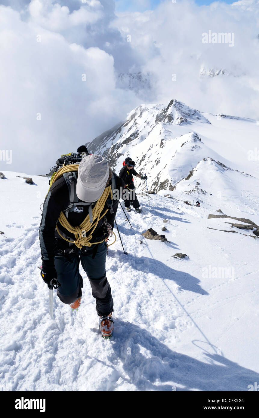 Les grimpeurs sur la crête ascendante Similaun sommet des Alpes sur l'Autriche/Italie frontière. Banque D'Images