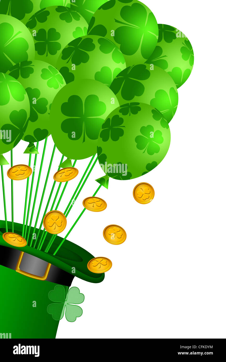 St Patricks Day Hat farfadet irlandais avec des ballons et des pièces d'or Illustration Banque D'Images