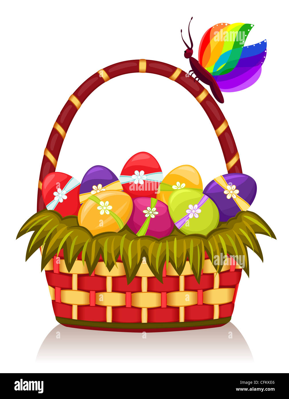 La célébration de Pâques avec les œufs décorés et panier de fête. Plus isolé sur fond blanc. Banque D'Images