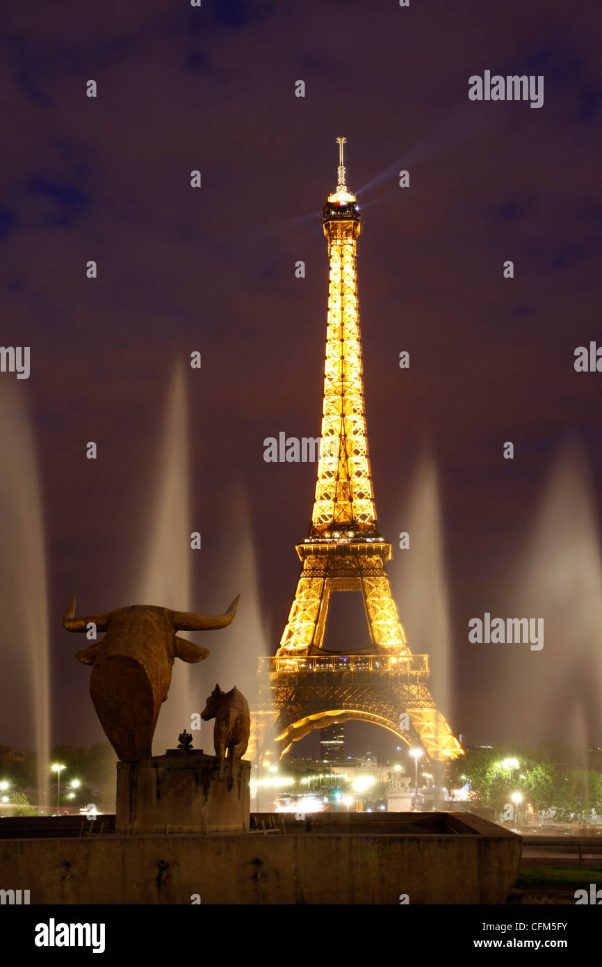 La Tour Eiffel et Trocadero la nuit, Paris, France, Europe Banque D'Images