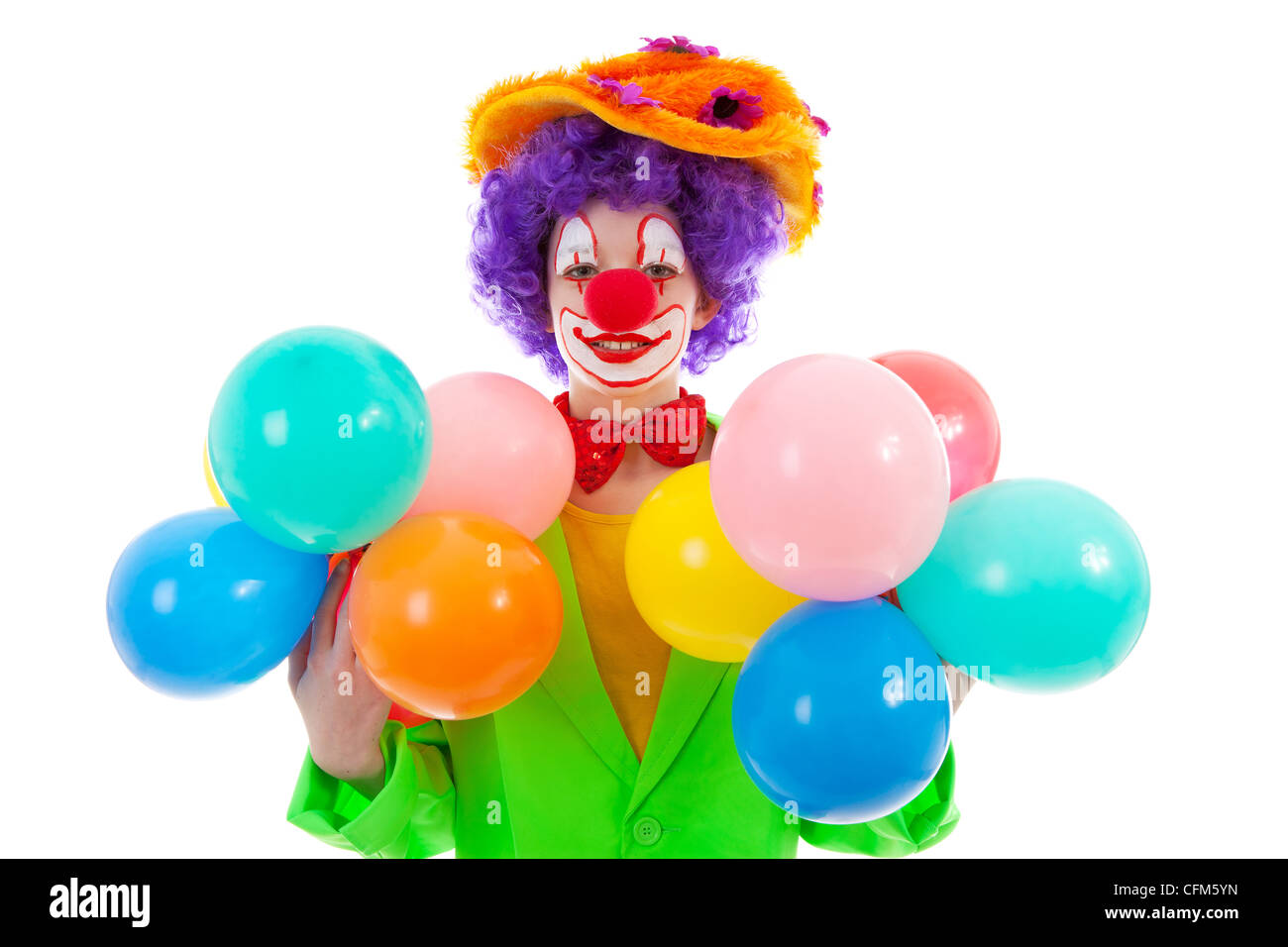 Enfant Habille En Clown Rigolo Colores Avec Des Ballons Sur Fond Blanc Photo Stock Alamy