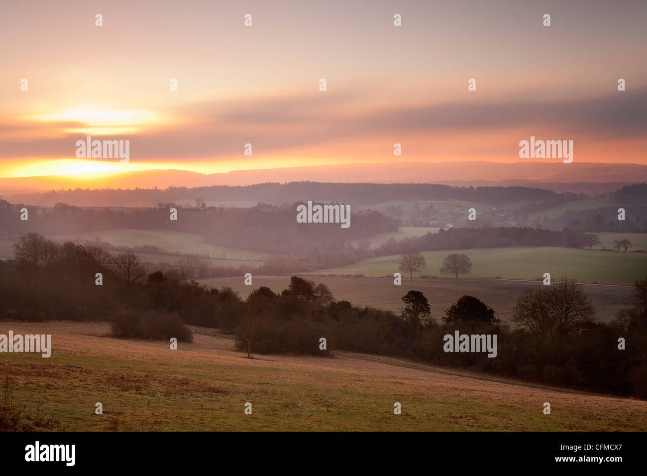 Newlands Corner view à l'aube, près de Guilford, Surrey Hills, North Downs, Surrey, Angleterre, Royaume-Uni, Europe Banque D'Images