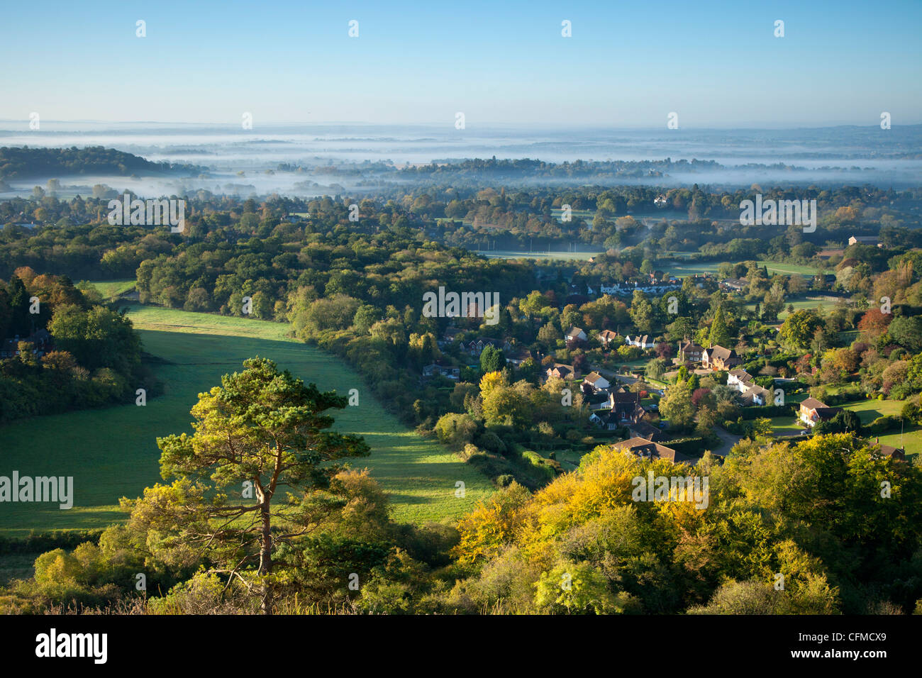 Vue sud de Colley Hill sur un matin d'automne brumeux, Reigate, Surrey Hills, Surrey, Angleterre, Royaume-Uni, Europe Banque D'Images
