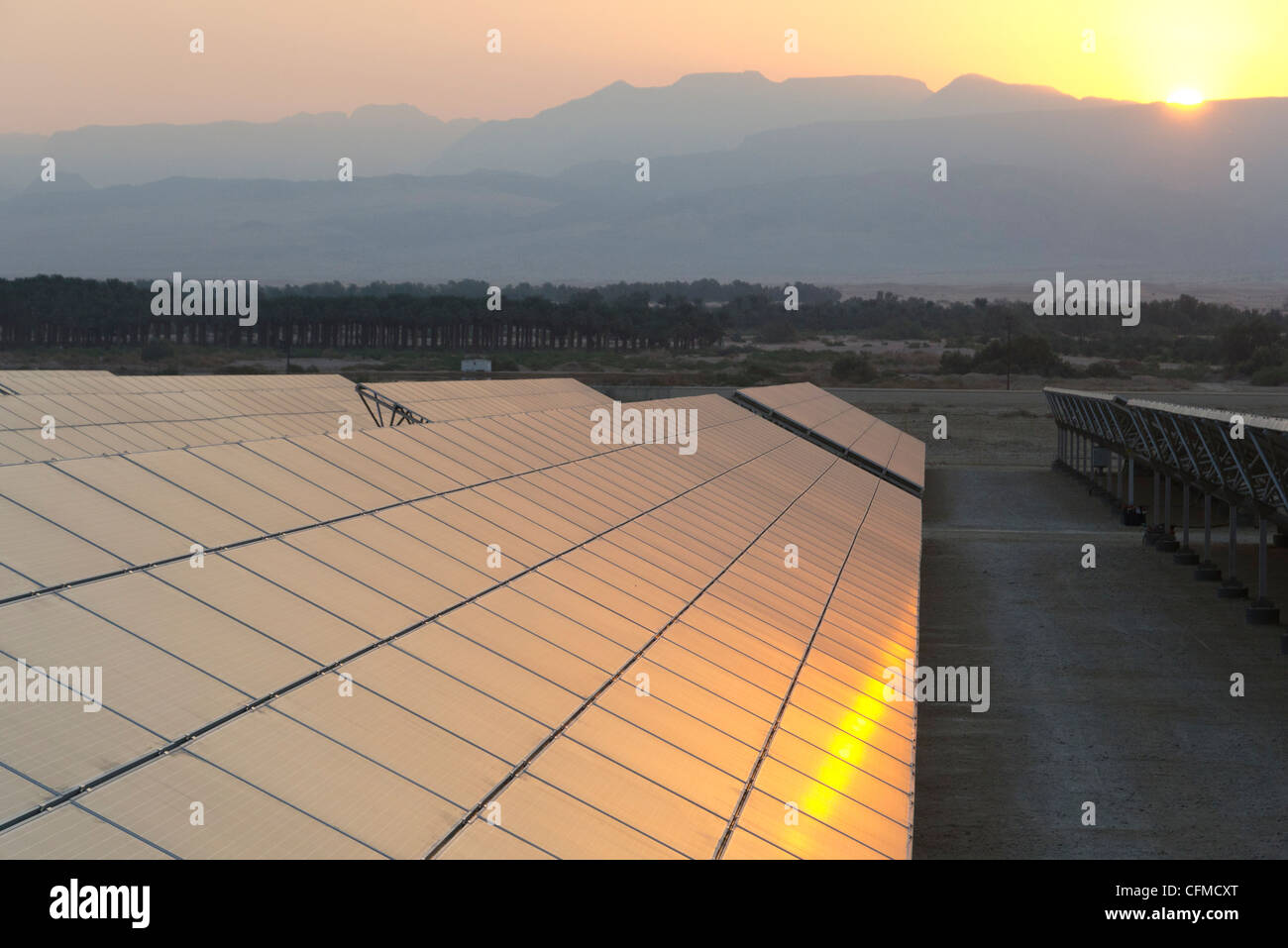 Champ de panneau solaire au lever du soleil dans le kibboutz Ketura, vallée de l'Arava, Israël, Moyen Orient Banque D'Images