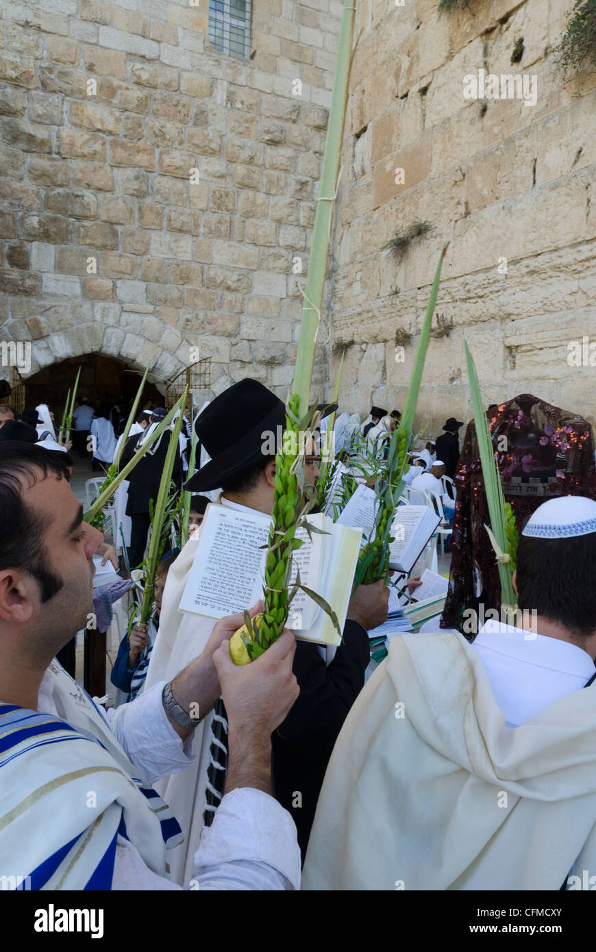 Célébrations à Souccot Loulav, Mur occidental, vieille ville, Jérusalem, Israël, Moyen Orient Banque D'Images