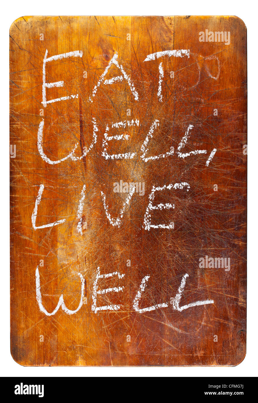 "Bien manger, bien vivre" texte sur planche à découper en bois isolé sur fond blanc Banque D'Images