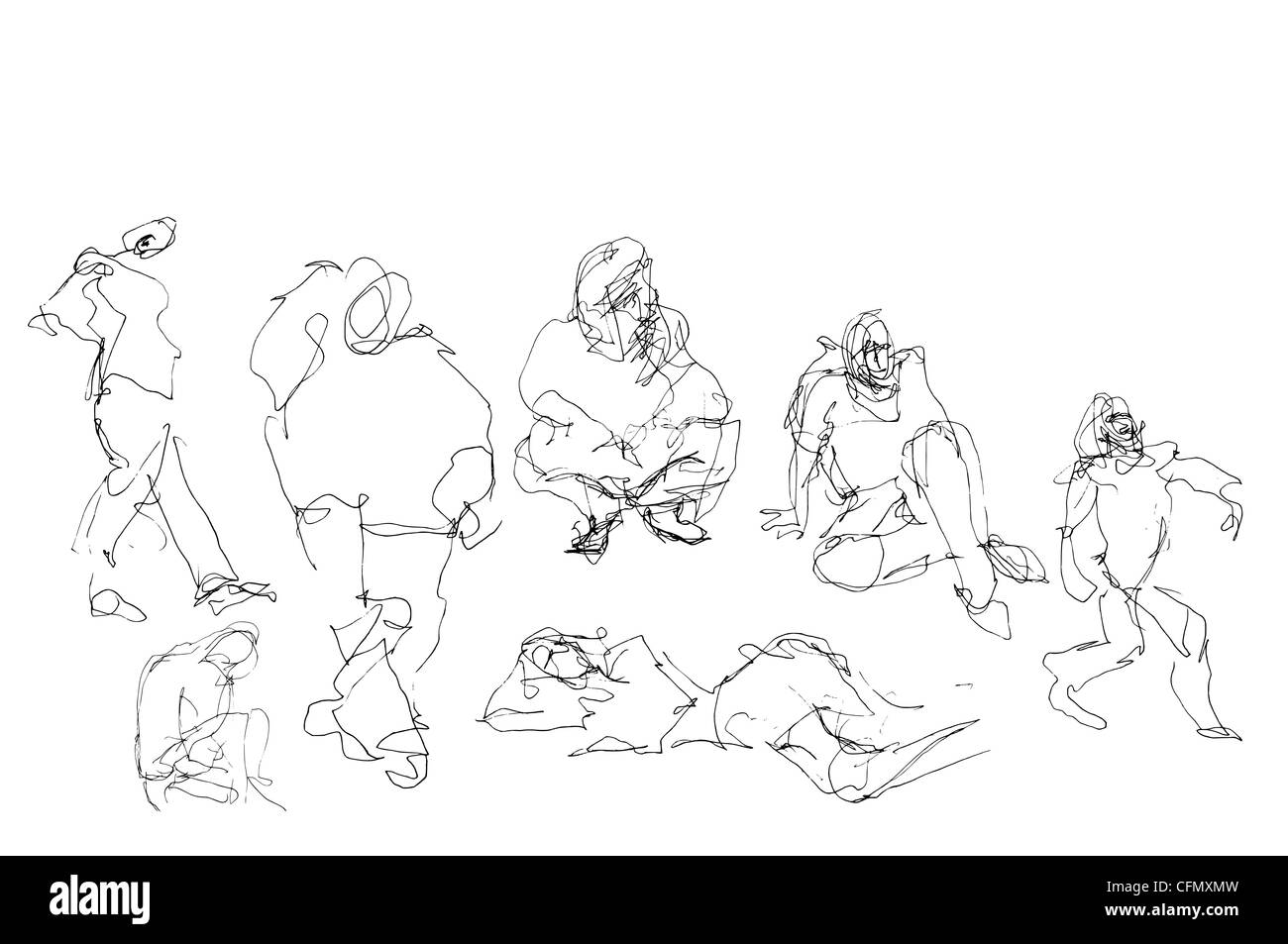 Une série de 17 croquis/gribouillis dessinés à la main informels, à utiliser comme illustrations de divers sujets. Drôle hilarante bizarre ridicule ou mortel grave. Banque D'Images