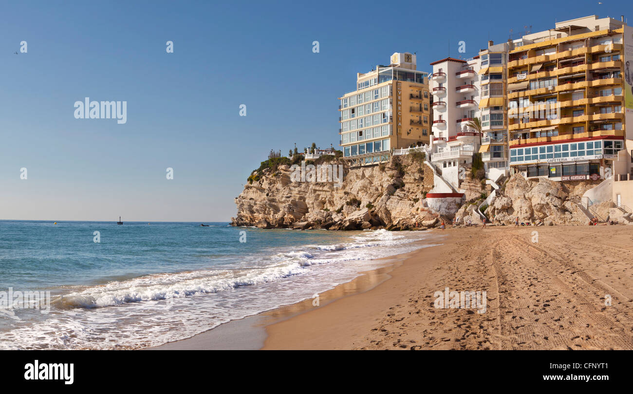 Benidorm. La plage de Levante, à proximité du château promontory (chef de terre), avec les oiseaux percheurs hôtels et appartements. Banque D'Images