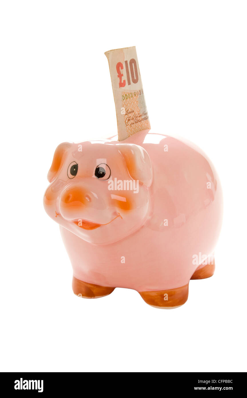 Gros plan de la banque Piggy et de l'argent anglais £10 dix concept de financement du billet carré Banque D'Images