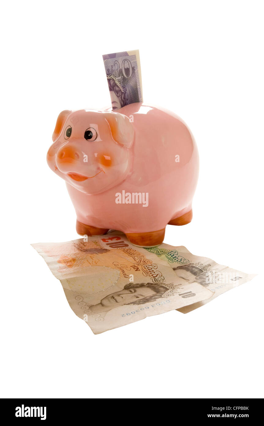 Gros plan de billets en anglais sur une banque Piggy concept financier Banque D'Images