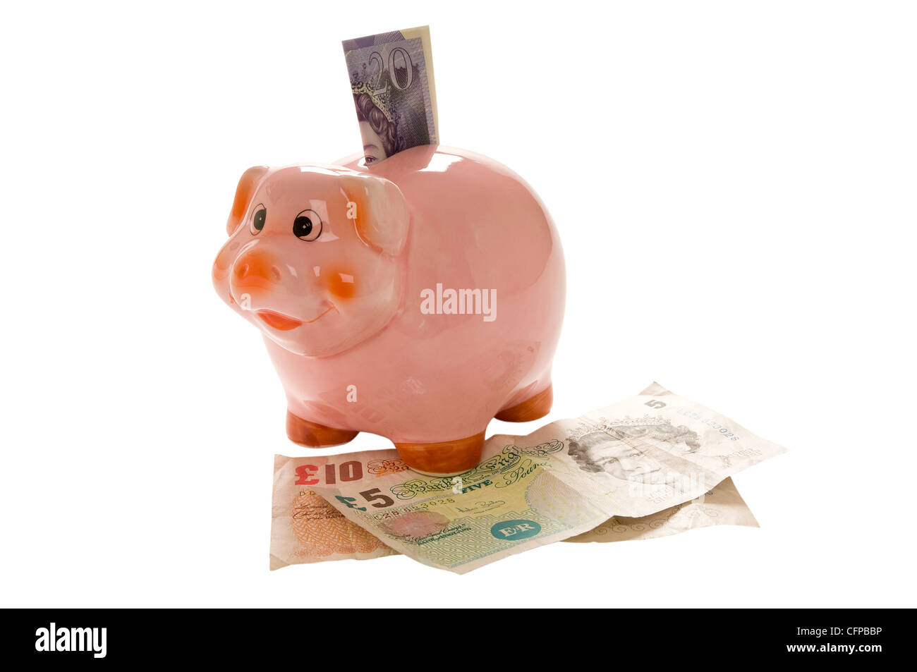 Tirelire et concept anglais de billets de banque en espèces fond blanc Banque D'Images