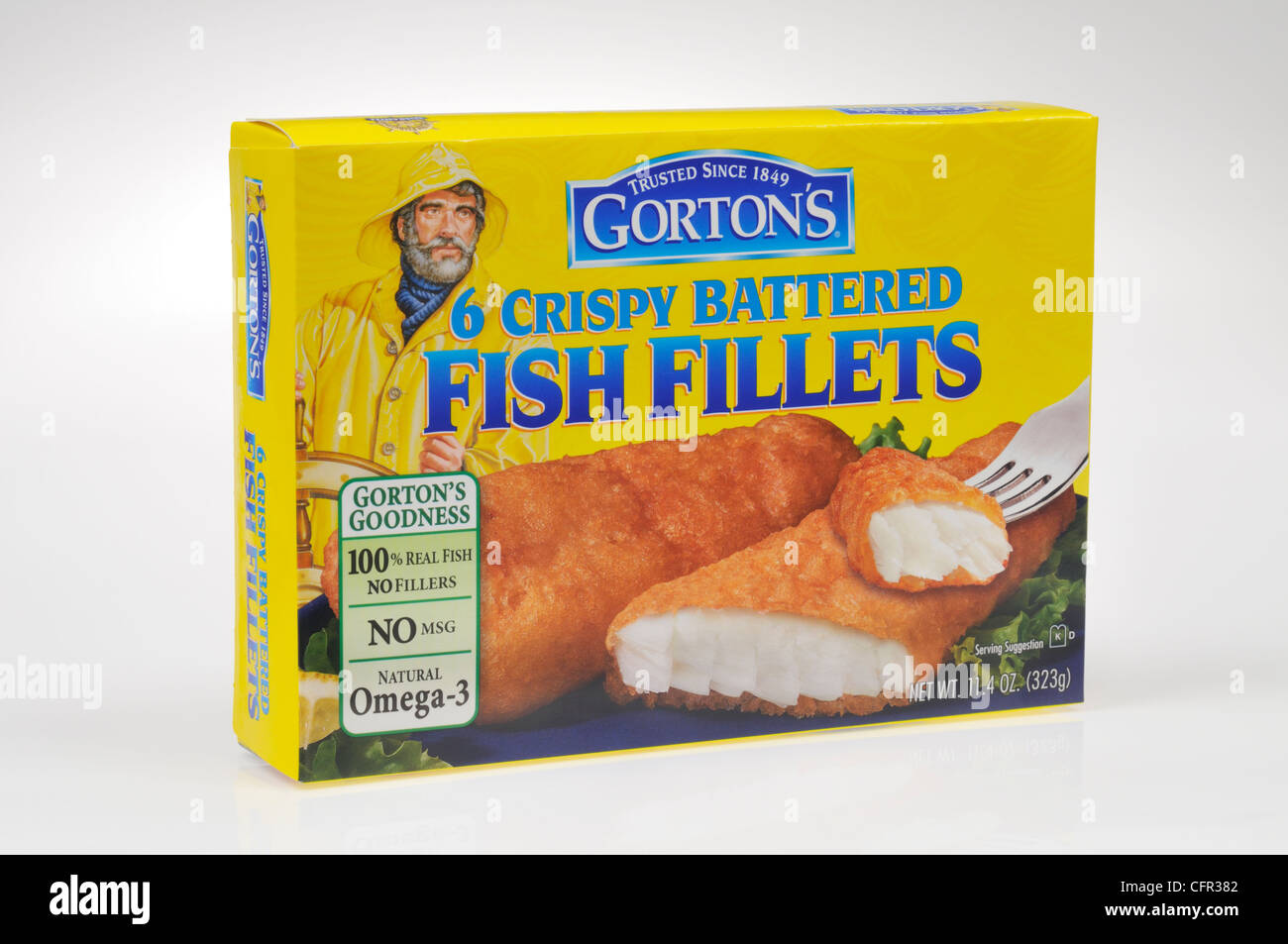 Fort de Gorton's filets de poisson pané surgelé en boîte sur fond blanc découper USA Banque D'Images