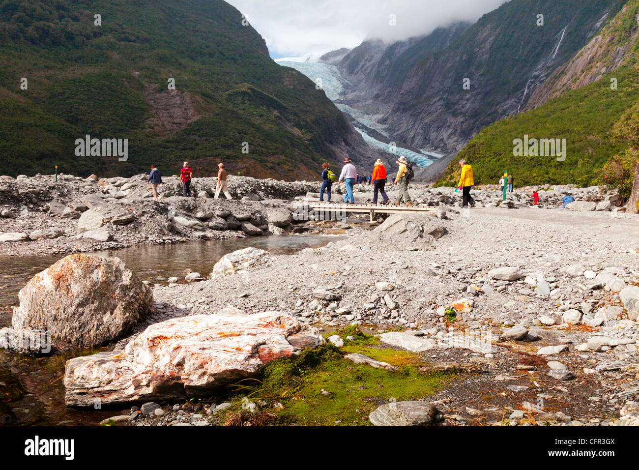 Touristes traversant un pont près de Franz Josef Glacier, West Coast, en Nouvelle-Zélande. Banque D'Images