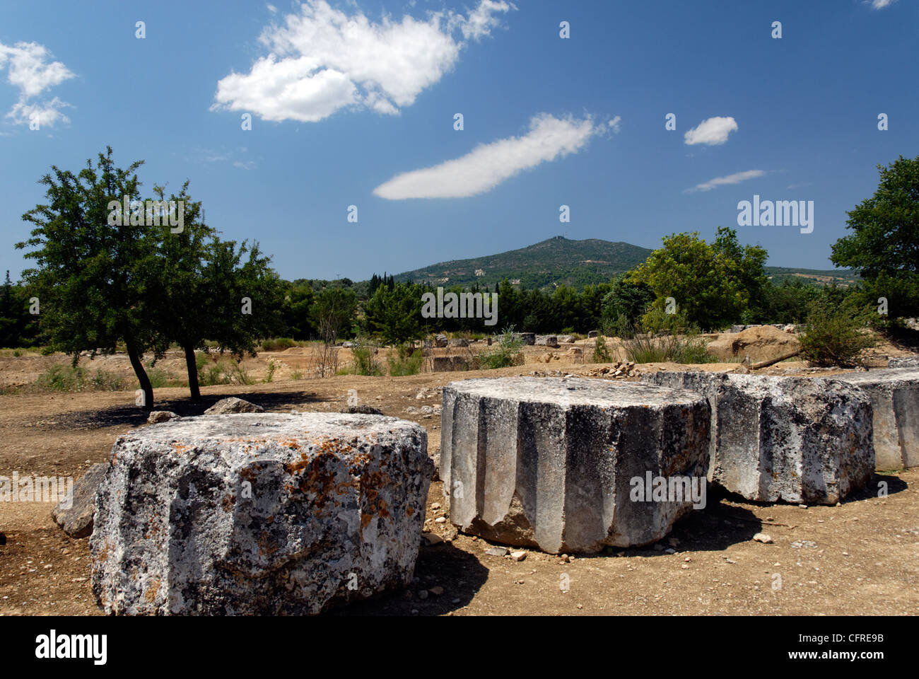 Péloponnèse. La Grèce. Avis de colonne cannelée tambours du Temple de Zeus n le centre du sanctuaire de Zeus à Némée. Banque D'Images