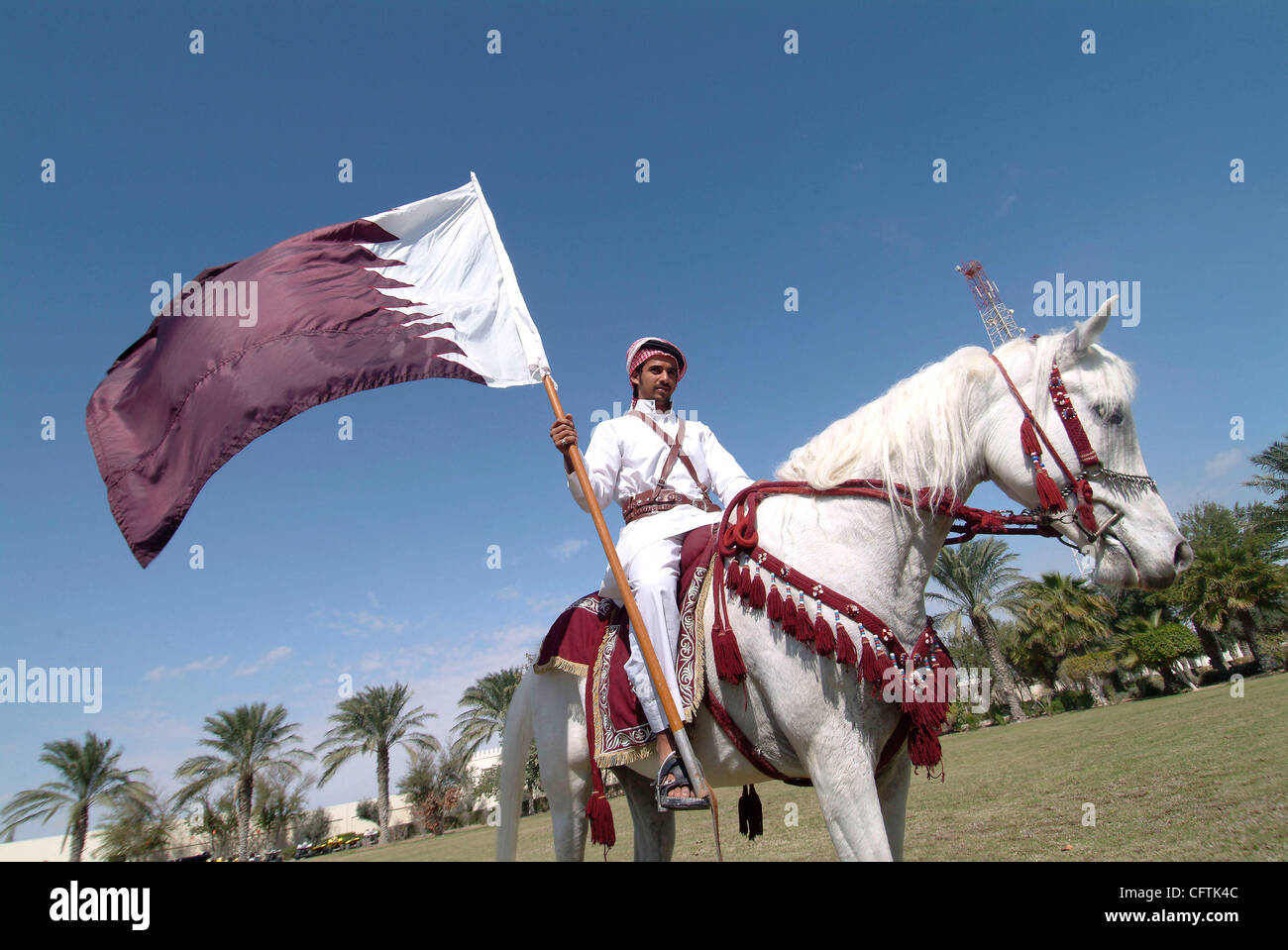 QATAR / Horseman holding Qatar drapeau. Banque D'Images