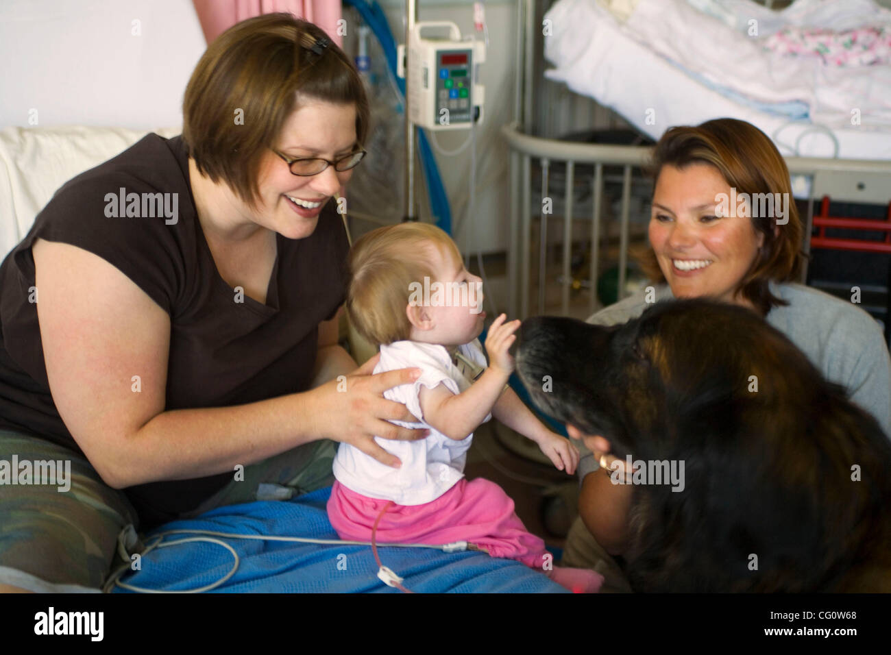 Quinze mois Emma Ford joue avec "chien de thérapie Artie' à Hôpital pour enfants de l'Orange County à Mission Viejo, CA. À droite est le propriétaire du chien et formateur Chris Anderson. Artie et son 'frère' chien Gus sont spécialement formés pour divertir les jeunes patients de l'hôpital. Banque D'Images