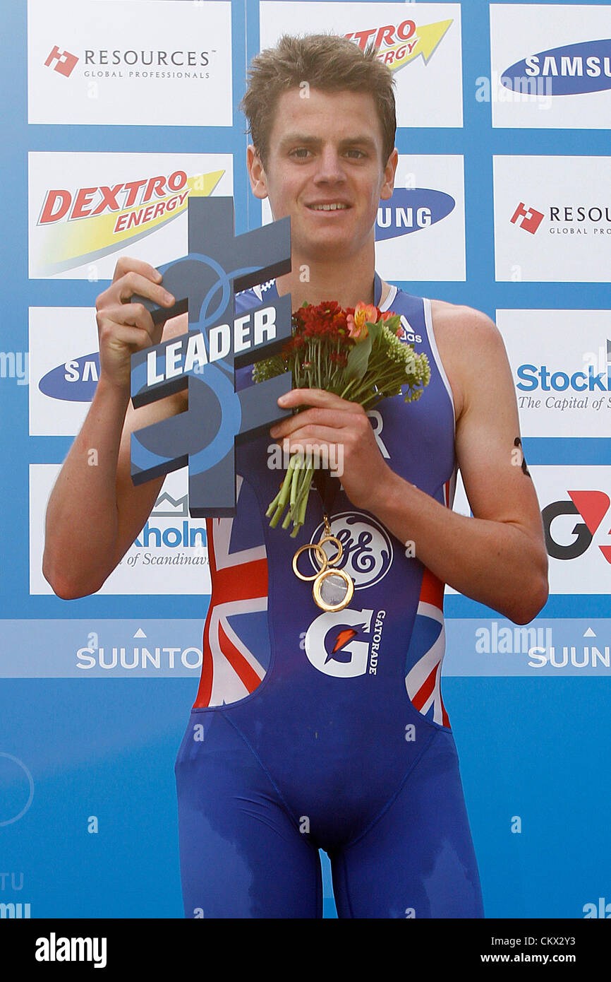 Stockholm, Suède. Samedi 25 août 2012. Jonathan Brownlee (GBR) remporte le triathlon ITU World Series. Banque D'Images