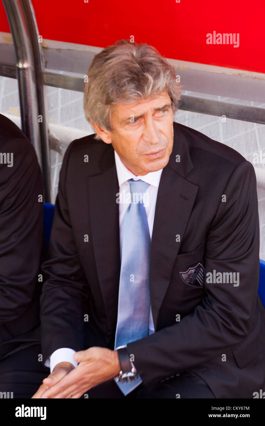 01.09.2012. Zaragoza, Espagne, Real Saragosse 0 - 1 Malaga Malaga, entraîneur de Manuel Pellegrini au cours de la Ligue espagnole match joué entre le Real Madrid et Malaga au stade de la Romareda. Banque D'Images