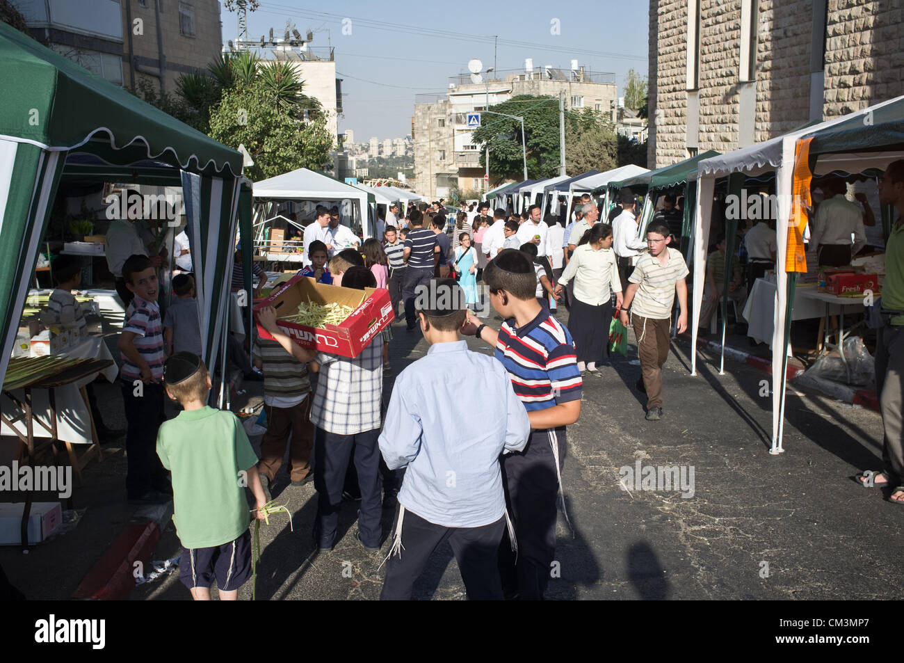 Les étals de fortune à vendre des "Quatre Espèces et décorations pour la Sukka, ou tabernacle, la ligne de transition Road dans le voisinage Bait-Vagan avec une ambiance de fête de la préparation de la maison de vacances. Jérusalem, Israël. 27-Septembre-2012. Avec plus de Yom Kippour, les préparatifs commencent immédiatement à Souccot, la Fête des Tabernacles. Les juifs religieux inspecter et acheter les 'Quatre espèces', comme l'a ordonné, dans Lévitique 23:40. Une légère imperfection rend les fruits. Jérusalem, Israël. 27-Septembre-2012. Banque D'Images