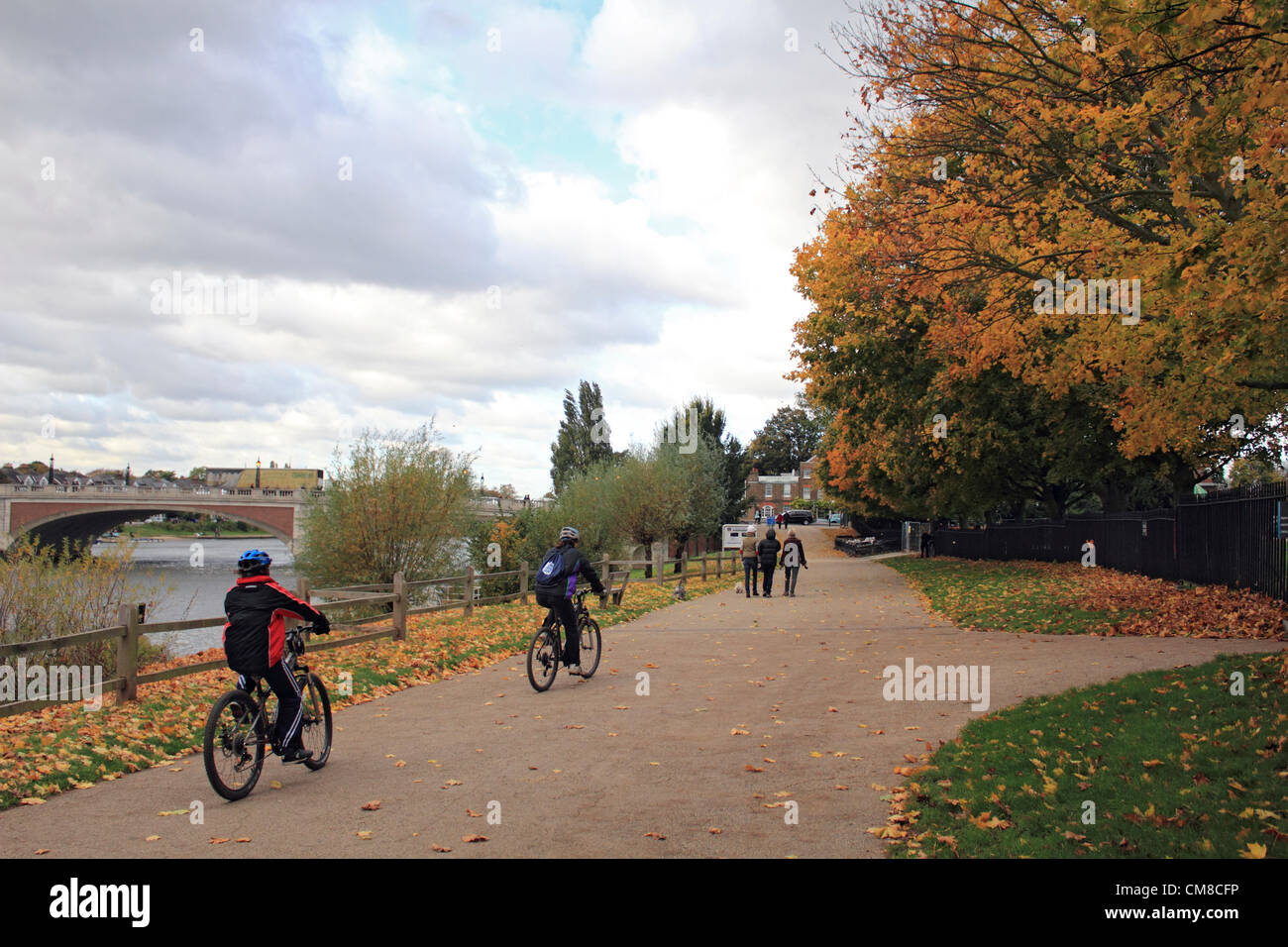 Les cyclistes et les marcheurs profiter le coloré arbres bordant la rivière Thames Path, près du pont de Hampton Court Palace, England UK. Banque D'Images