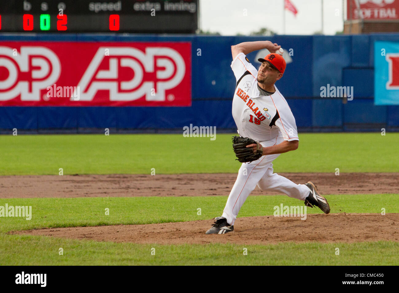 HAARLEM, Pays-Bas, 14/07/2012. Rob Pitcher Cordemans aux Pays-Bas à l'équipe de baseball de Haarlem 7 20120. Banque D'Images