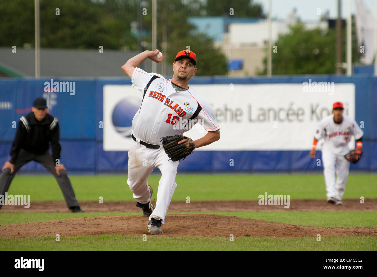 HAARLEM, Pays-Bas, 14/07/2012. Rob Pitcher Cordemans aux Pays-Bas à l'équipe de baseball de Haarlem 7 20120. Banque D'Images