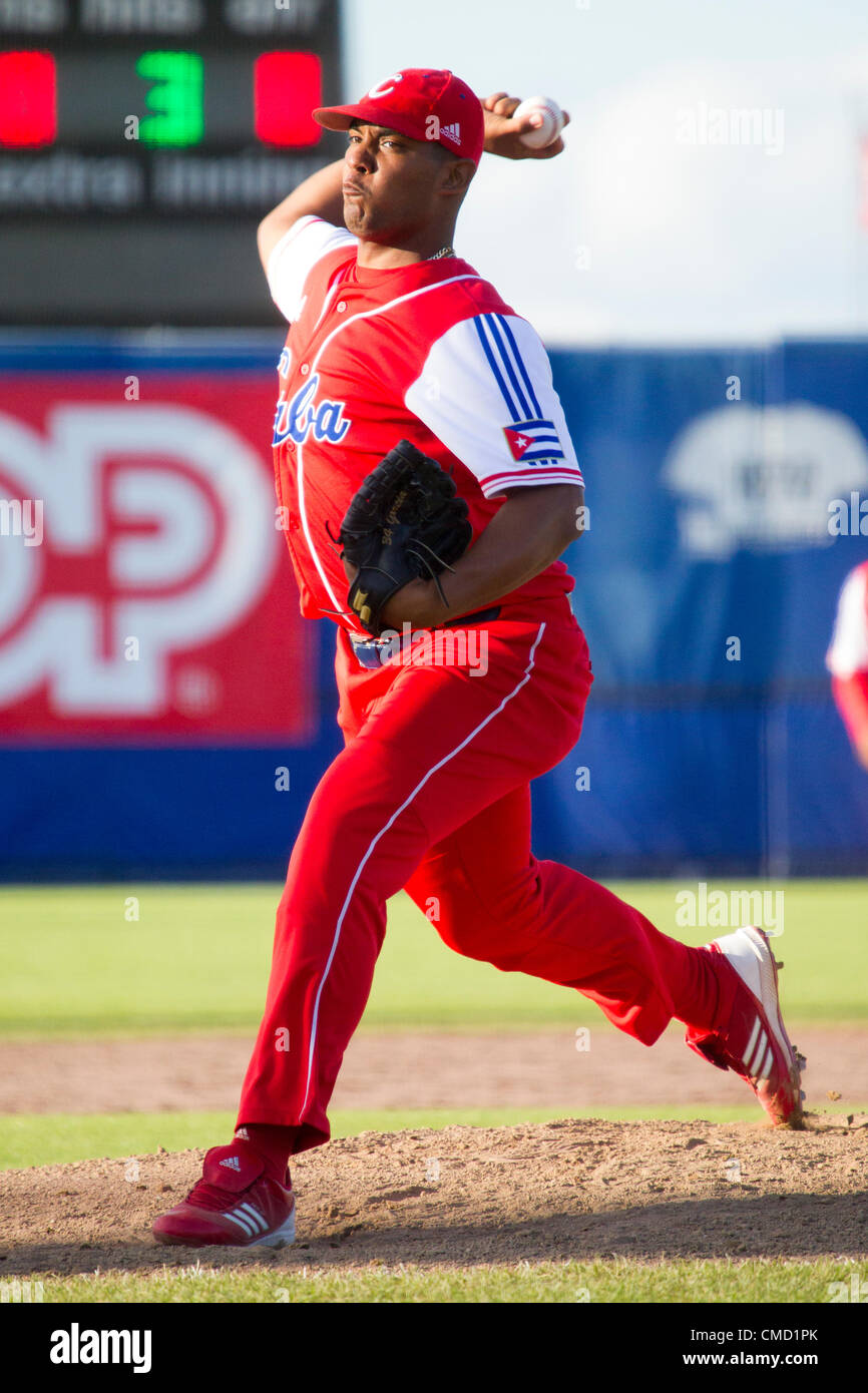 HAARLEM, Pays-Bas, 20/07/2012. Vladimir García pitcher de l'équipe de Cuba à la semaine de baseball de Haarlem en 2012. Banque D'Images