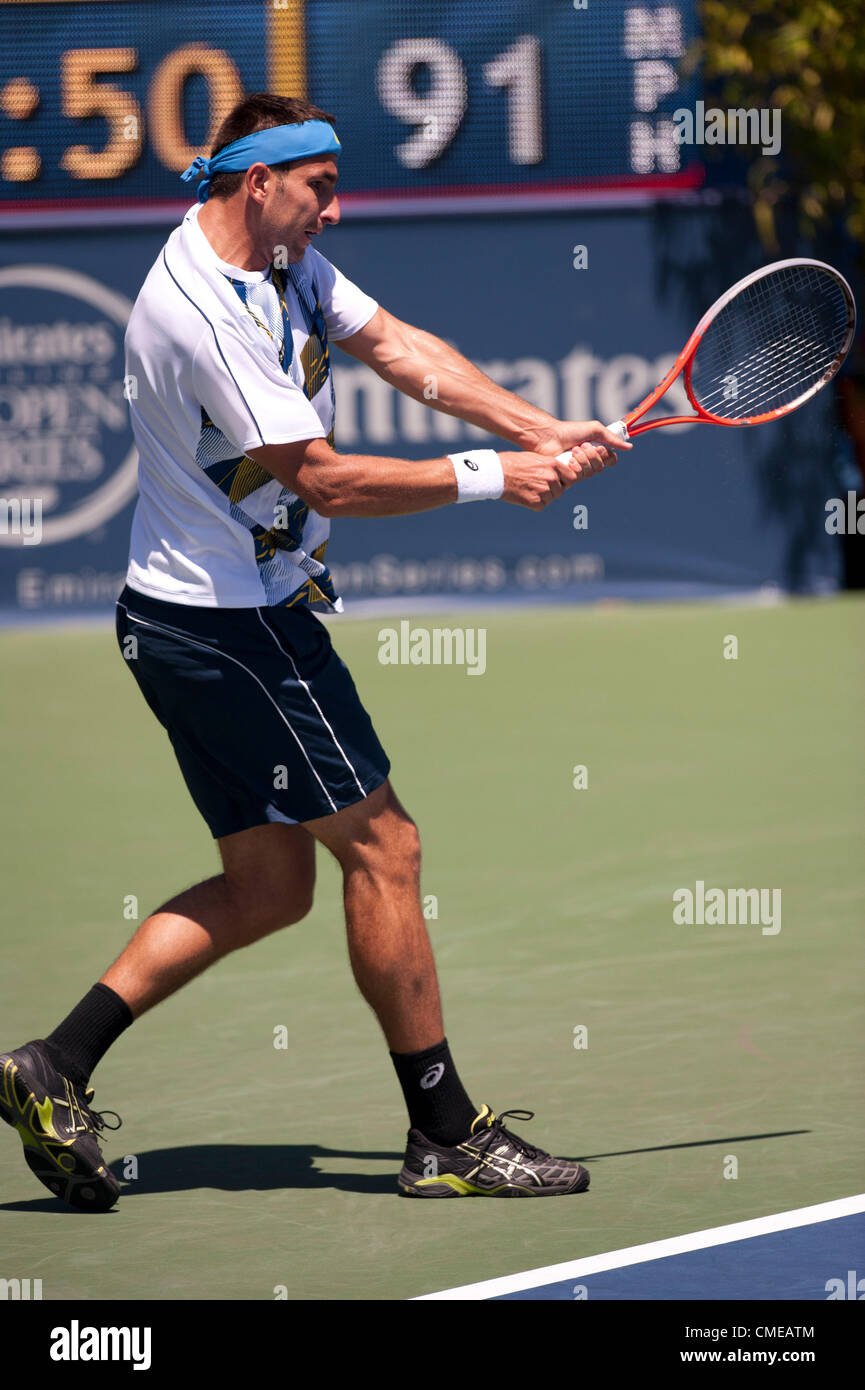 LOS ANGELES, CA - le 28 juillet : Marinko Bey en action pendant 5 jours des agriculteurs presenté par Mercedes-Benz à l'HÔTEL LA Tennis Center le 28 juillet 2012 à Los Angeles, Californie. Banque D'Images