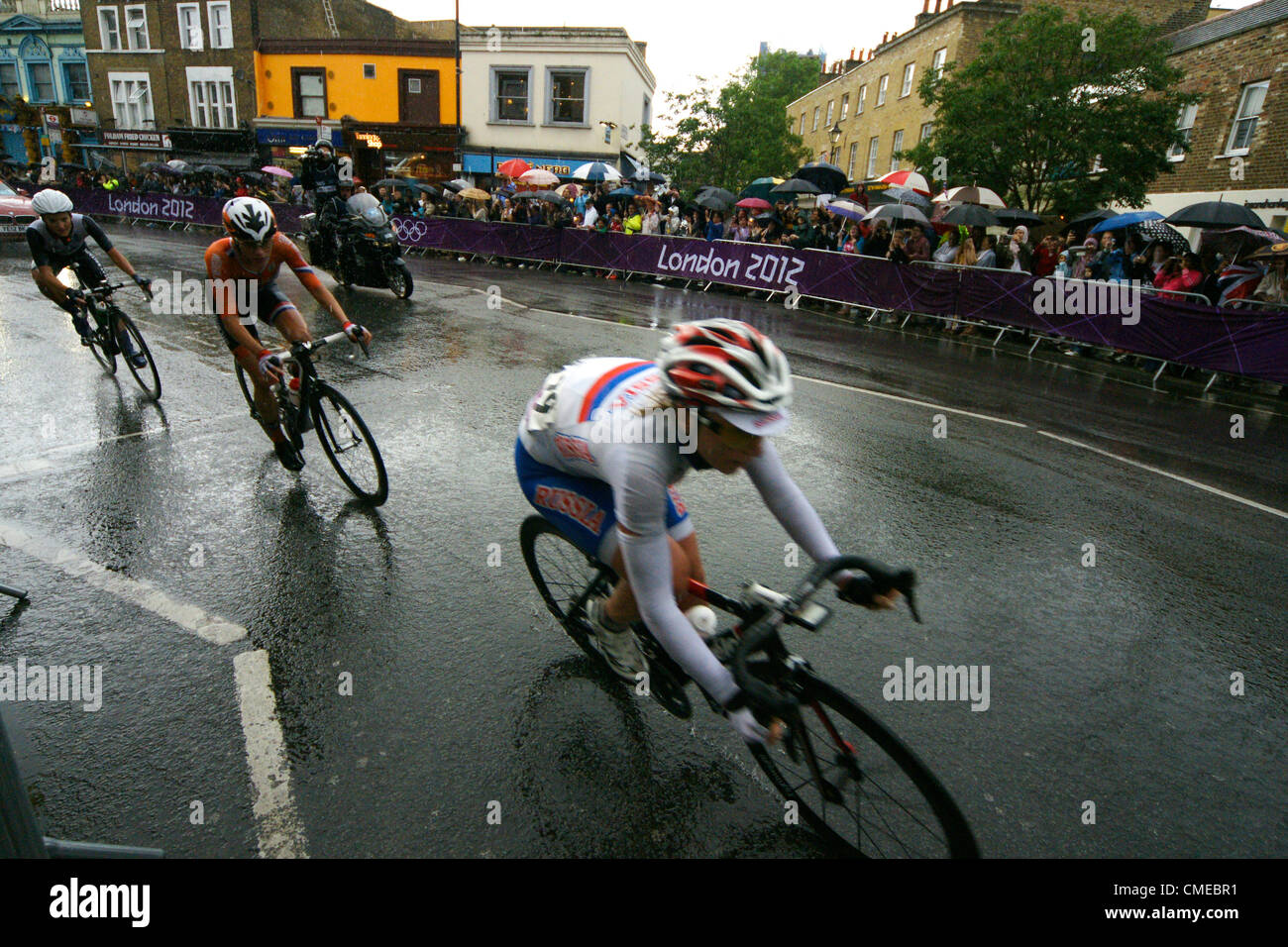 Course sur route des femmes à Londres 2012. Trois Première femme Marianne Vos - sécurité des Pays-Bas, la Grande-Bretagne et la Russie de Lizzie Armitstead's Olga Zabelinskaya 29.07.2012 Banque D'Images