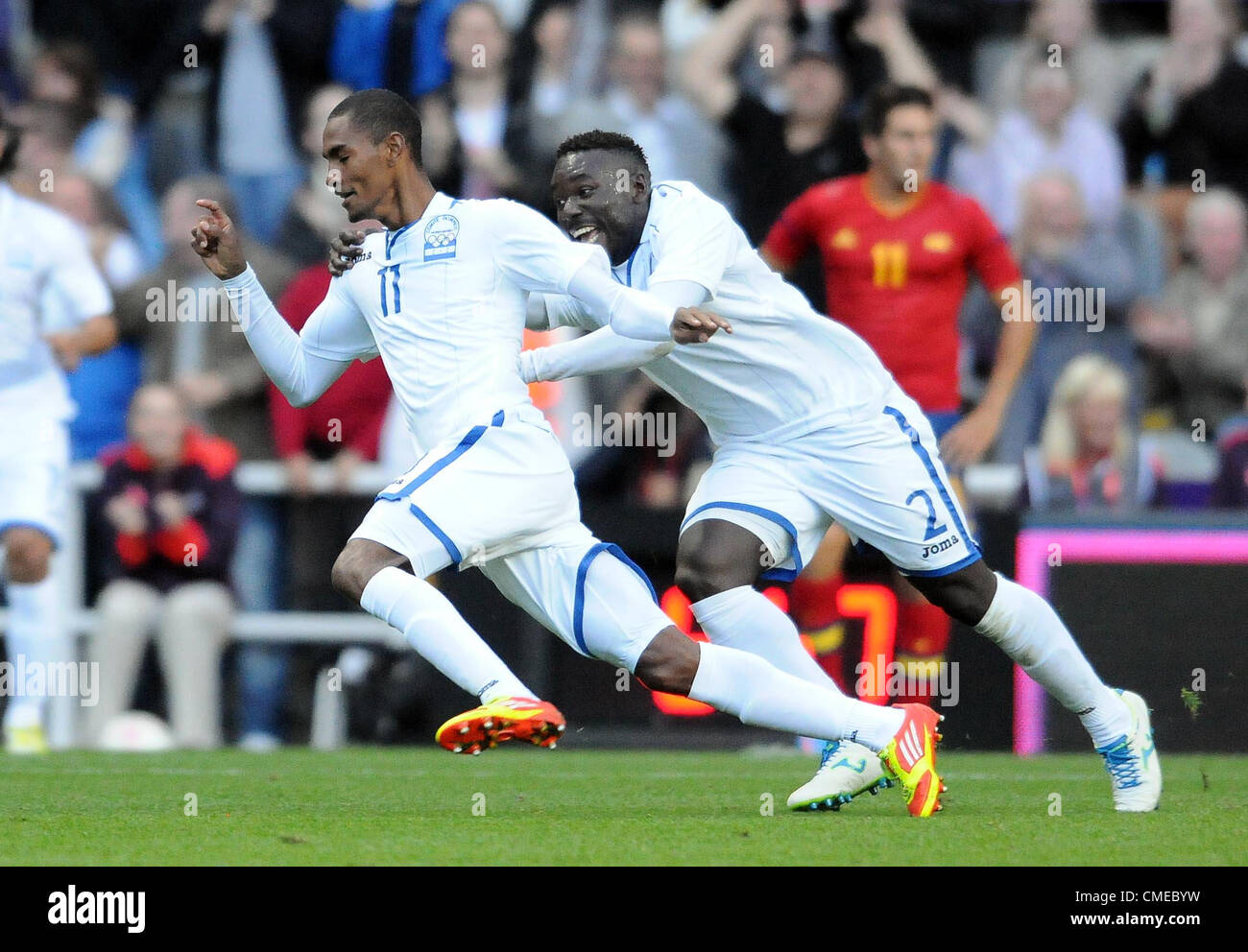 JERRY BENGTSON CÉLÈBRE BUT ESPAGNE / HONDURAS ST JAMES PARK NEWCASTLE ANGLETERRE 29 Juillet 2012 Banque D'Images