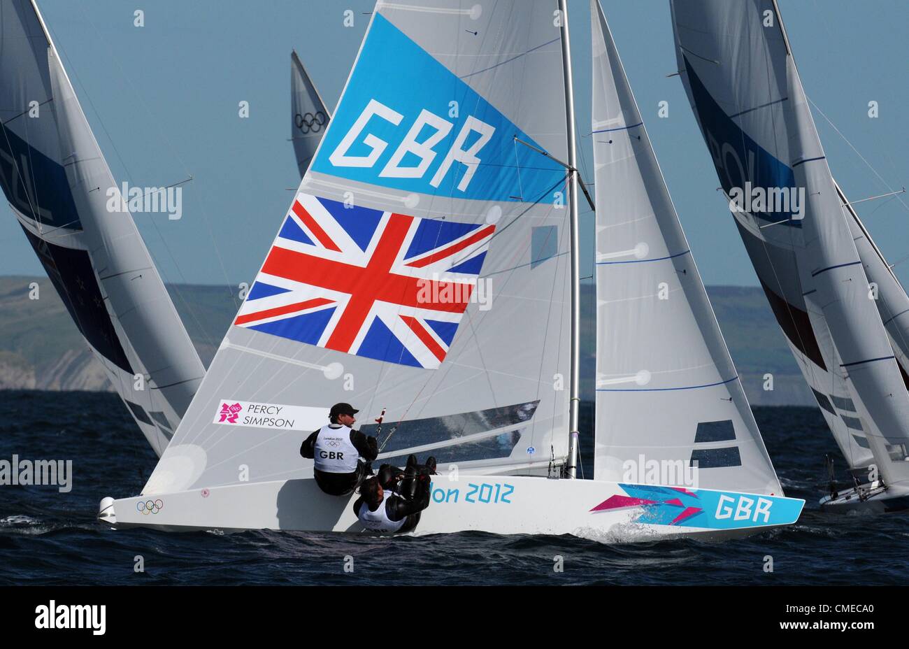 La voile olympique, action pendant les Jeux Olympiques de 2012 à Londres au lieu de Weymouth et Portland, Dorset, Angleterre, Royaume-Uni. Iain Percy et Andrew Simpson en classe Star, 29 juillet 2012 PHOTO : SERVICE DE PRESSE DE DORSET Banque D'Images