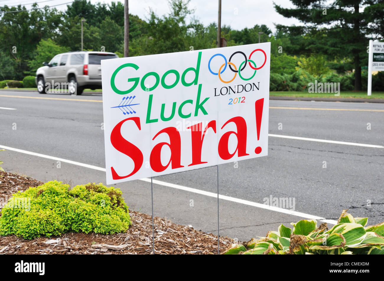 Appuyer sur l'affiche pour le Connecticut Rower Hendershot Sara qui s'est qualifié pour les Jeux Olympiques d'été en finale. Avon, Massachusetts, USA Banque D'Images