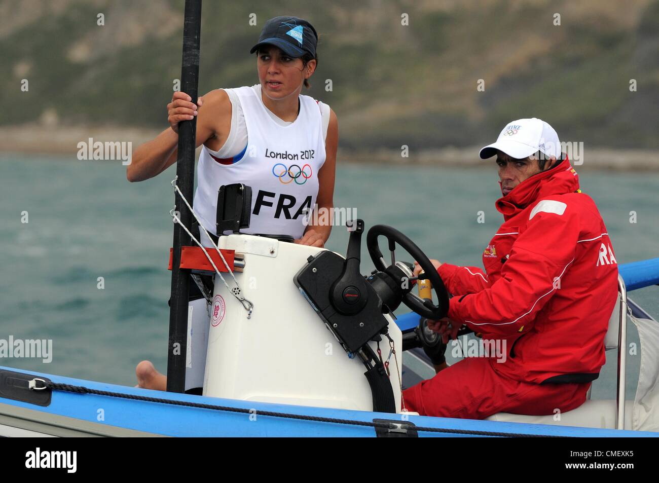 Jeux Olympiques 2012 : Voile, action pendant les Jeux Olympiques de 2012 à Londres au lieu de Weymouth et Portland, Dorset, Angleterre, Royaume-Uni. Charline Picon de France en RS:X Planche à voile des femmes 31 Juillet, 2012 Photo par : DORSET MEDIA SERVICE Banque D'Images