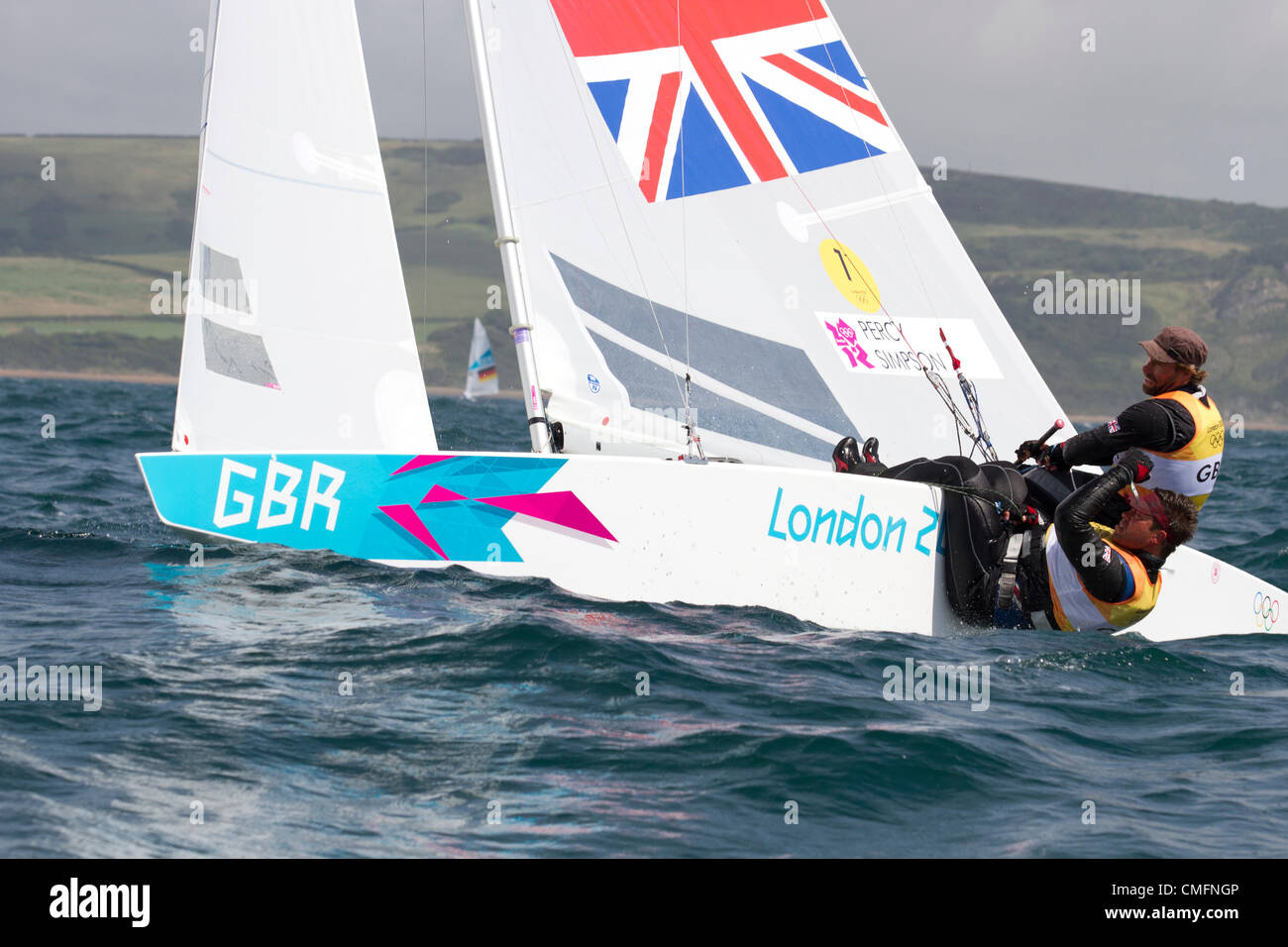 03.08.2012. Weymouth, Angleterre. Jeux Olympiques de la voile à Weymouth, Dorset, août 2012. Les médaillés d'or olympique (2008 Jeux) Iain Percy et Andrew Simpson pour l'équipe Go vers une autre médaille d'or dans la classe Star sur la baie de Weymouth.Voile Jeux Olympiques à Weymouth, Dorset Banque D'Images