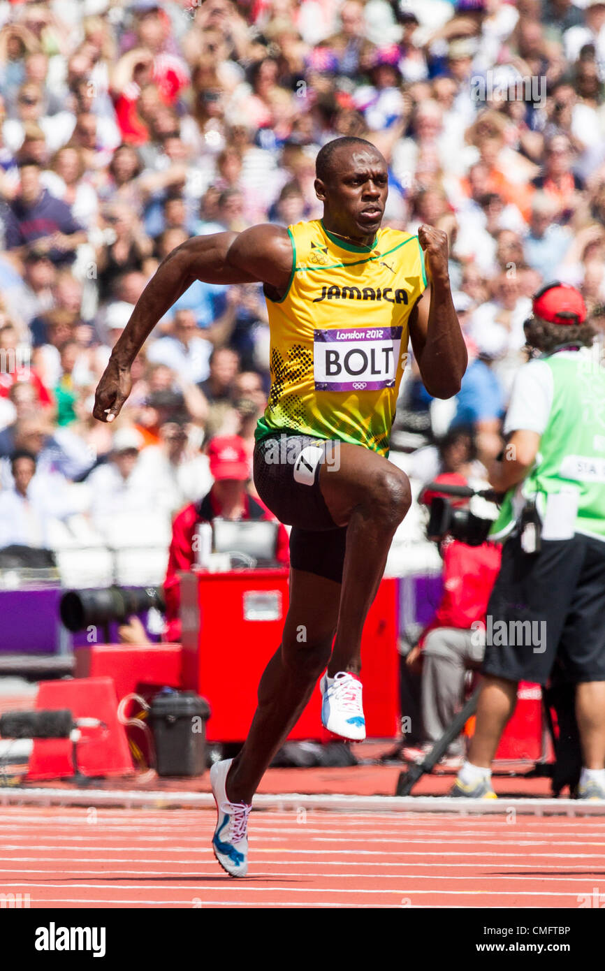 Londres, Royaume-Uni. Samedi 4 août 2012. Usain Bolt (JAM) en compétition dans l'épreuve du 100m à la ronde 1 les Jeux Olympiques d'été de Londres 2012. Banque D'Images