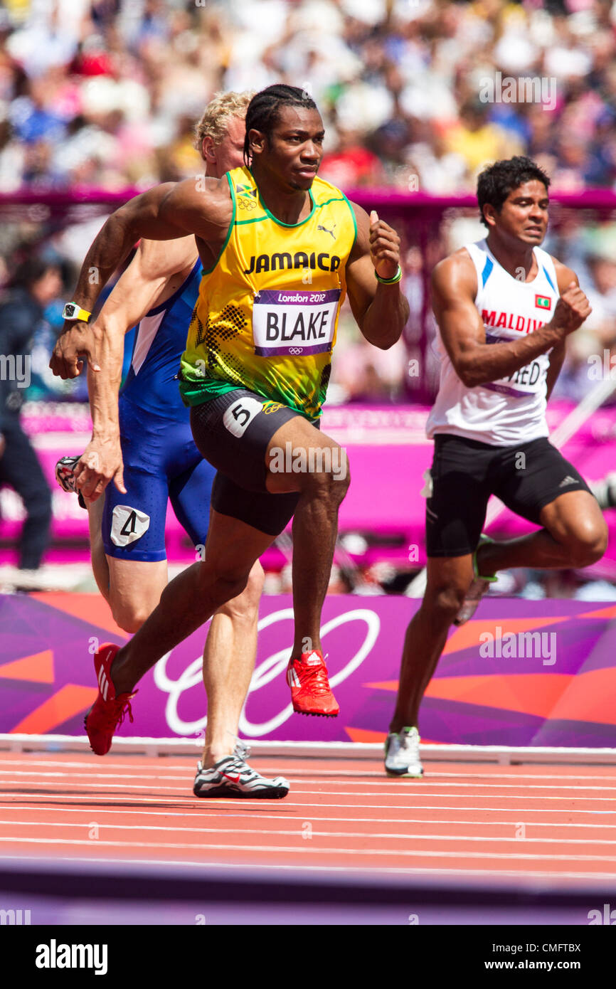 Londres, Royaume-Uni. Samedi 4 août 2012. Yohan Blake (JAM) en compétition dans l'épreuve du 100m à la ronde 1 les Jeux Olympiques d'été de Londres 2012. Banque D'Images