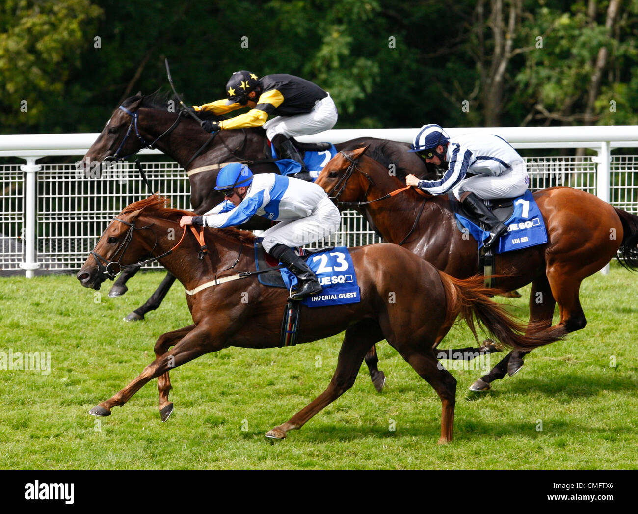 04.08.12 Chichester, Angleterre G Lee le Hawkeyethenoo (IRE) au poteau d'un 2ème Hamblett sur Imperial Guest et 3ème Darren E Egan sur Lui Rei (ITY) en action au cours de l'Blue Square Bet Steward's Cup ( Handicap Patrimoine) au Festival de Goodwood glorieuse sur cinq jours Banque D'Images 04.08.12 Chichester, Angleterre G Lee le Hawkeyethenoo (IRE) au poteau d'un 2ème Hamblett sur Imperial Guest et 3ème Darren E Egan sur Lui Rei (ITY) en action au cours de l'Blue Square Bet Steward's Cup ( Handicap Patrimoine) au Festival de Goodwood glorieuse sur cinq jours Banque D'Images