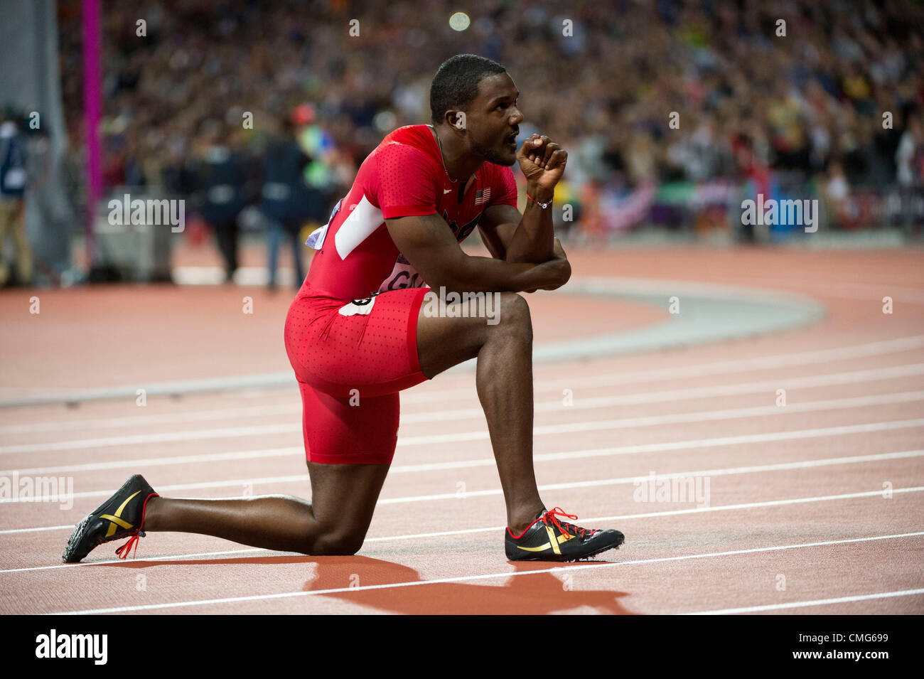 Le 5 août, 2012 - Londres, Angleterre, Royaume-Uni - Justin Gatlin (USA) a remporté la médaille de bronze au 100m lors des Jeux Olympiques de Londres 2012 au Stade Olympique d'août 05,2012 à Londres, Royaume-Uni. (Crédit Image : © Paul Kitagaki Jr./ZUMAPRESS.com) Banque D'Images