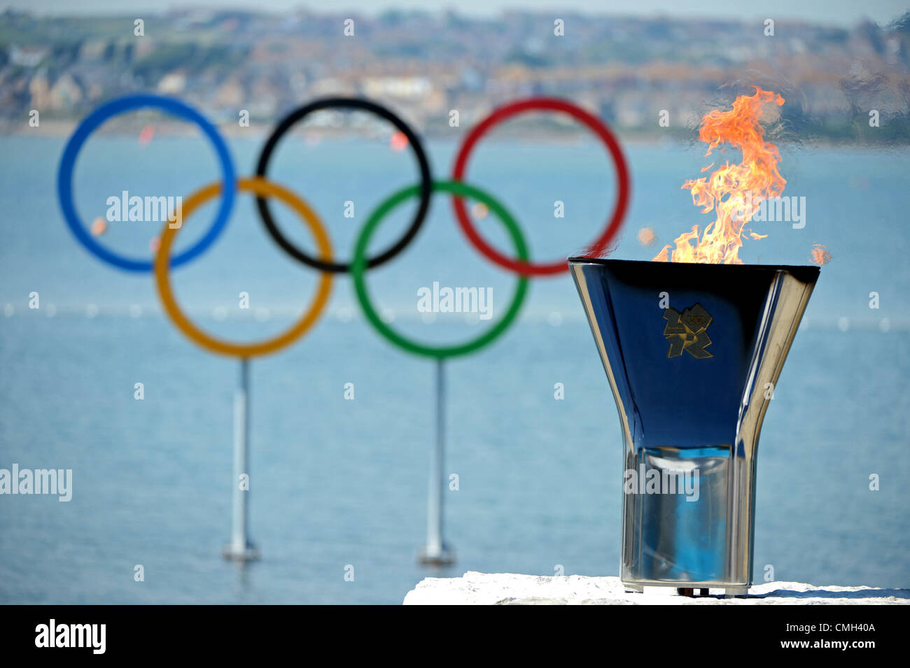 La flamme olympique, Londres 2012 Flamme olympique au le site de la Voile Banque D'Images