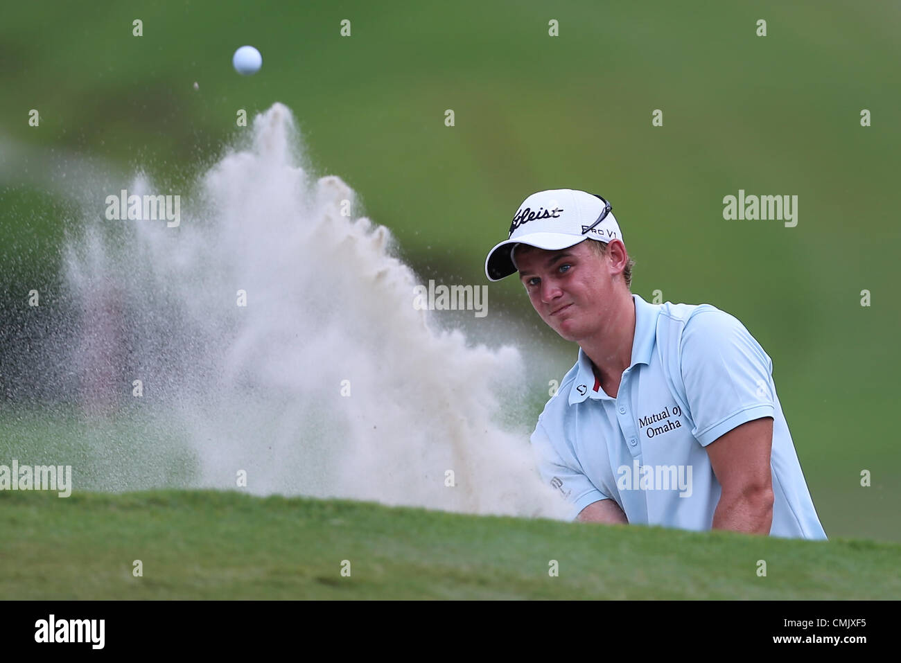 18.08.2012. Greensboro, North Carolina, USA. Bud Cauley emplacements hors du bunker au cours de troisième cycle à l'action le Wyndham Championship Tournament à Sedgefield Country Club, Greensboro, Caroline du Nord. Sergio Garcia mène d'entrer dans la ronde finale. Banque D'Images