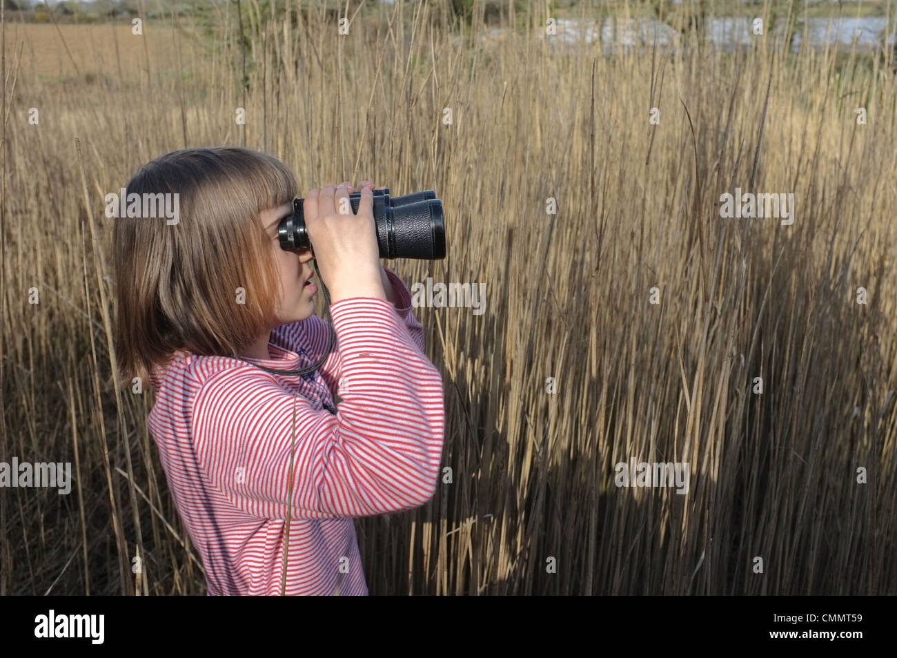 Une fillette de 9 ans à la recherche pour les oiseaux à travers une paire de jumelles Banque D'Images