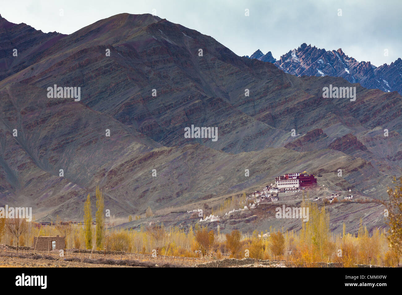 Le monastère de Mâtho perchée sur une petite colline avec les montagnes du Zanskar gamme imminente dans l'arrière-plan. Banque D'Images