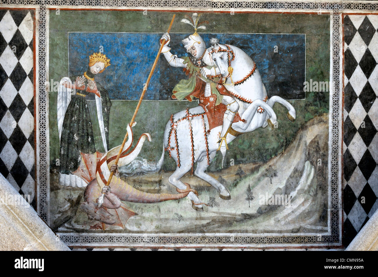 L'italie valle d'Aosta Fenis cour du Château Saint Giorgio et le dragon fresco San Giorgio qui libère la princesse Banque D'Images