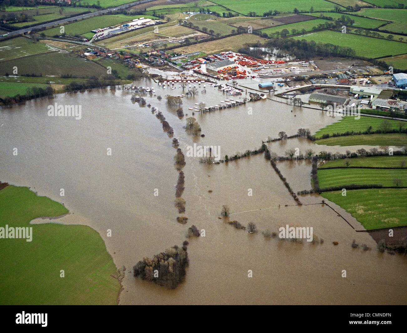 Vue aérienne historique d'inondation à Boroughbridge, Yorkshire du Nord, 24 février 1991 Banque D'Images