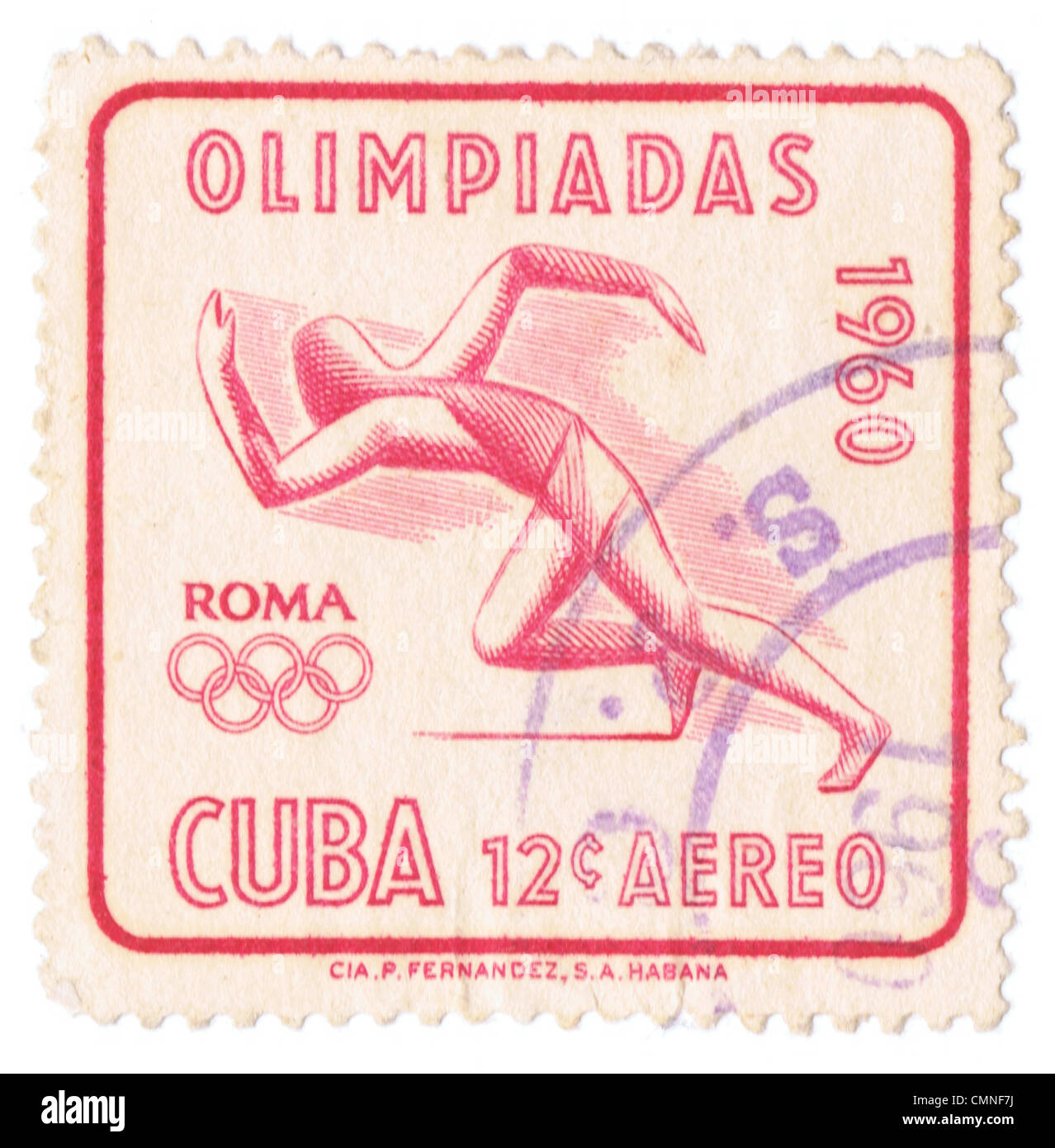 Timbre-poste commémorant le cubain Jeux Olympiques d'été de 1960, officiellement connu sous le nom de Jeux de la XVIIE Olympiade (17ème), a été un événement multi-sport international qui a eu lieu du 25 août au 11 septembre 1960 à Rome, Italie Banque D'Images