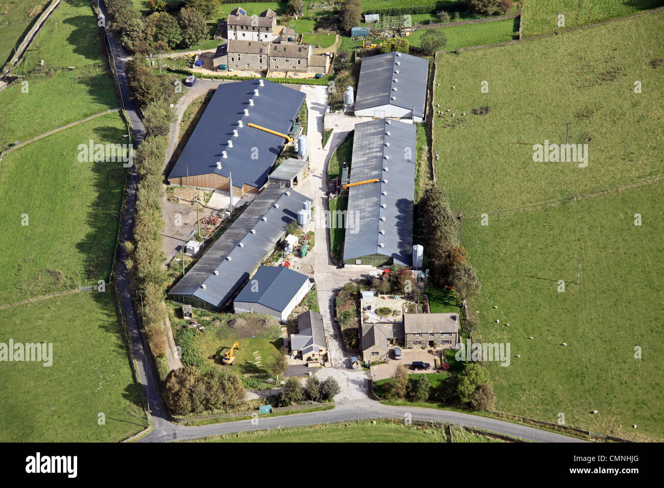 Vue aérienne de la ferme d'élevage de poulets au Yorkshire Banque D'Images