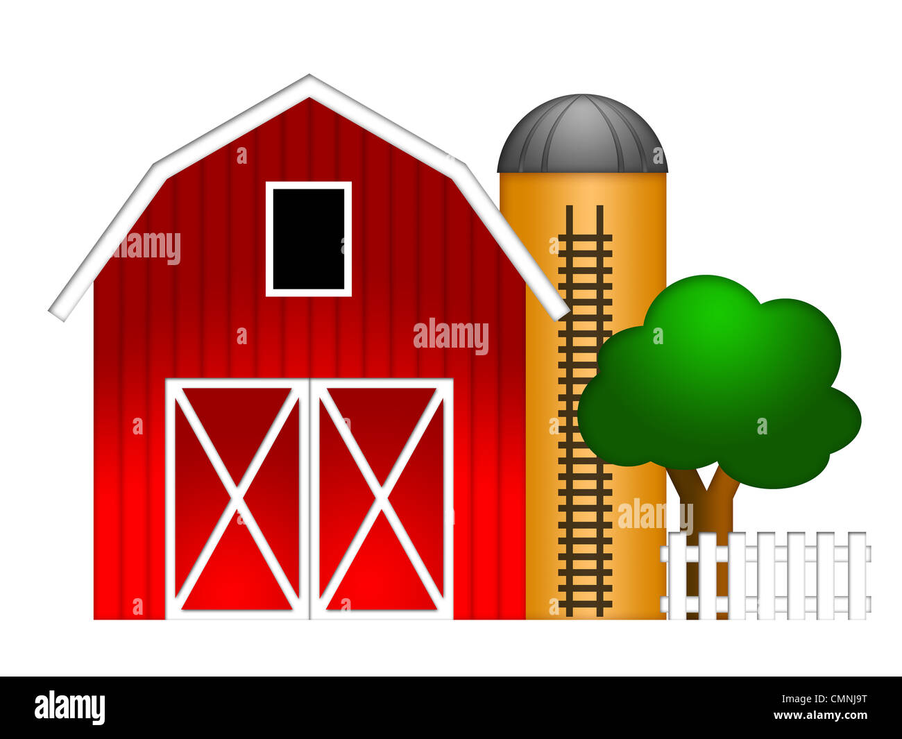 Grange rouge avec silo élévateur à grain et l'illustration de l'arbre isolé sur fond blanc Banque D'Images