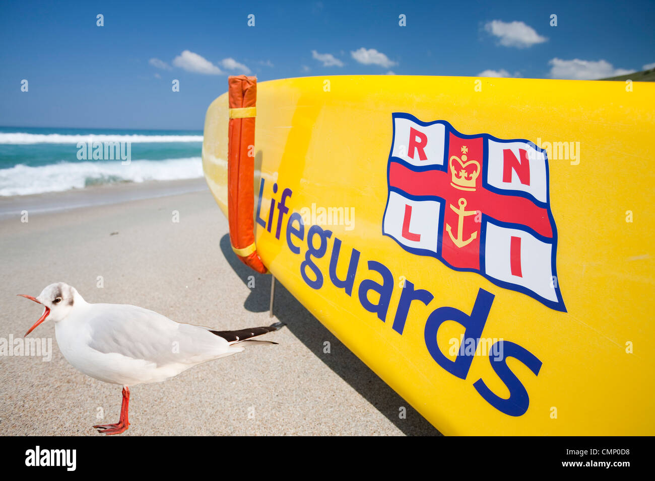 Une planche de surf de sauveteurs sur la plage à Nanven cove à Cornwall, UK Banque D'Images